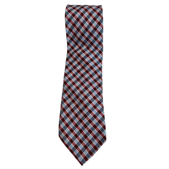 TOMMY HILFIGER Tie Men's 61" Long Blue Red White Plaid Necktie 100% Silk - Picture 1 of 6
